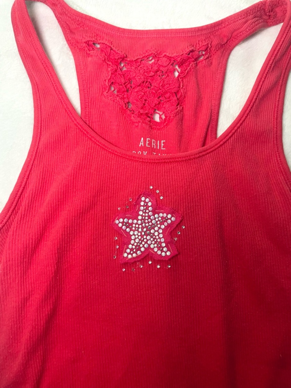 Early 2000’s aerie Coral Pink Ribbed laceback Tank, handmade Rhinestone Starfish